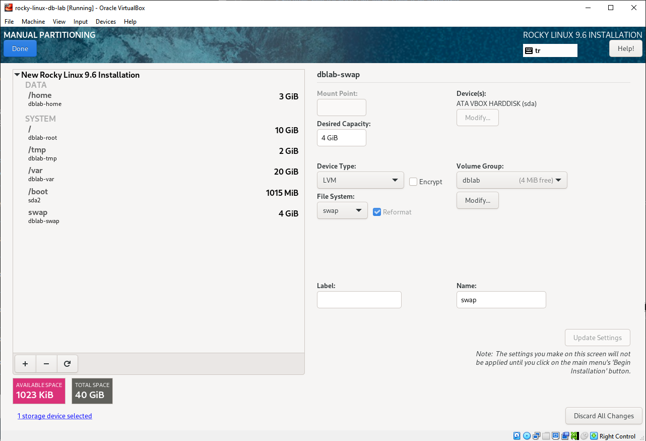 Rocky Linux 9.6 Manual Partitioning Screen